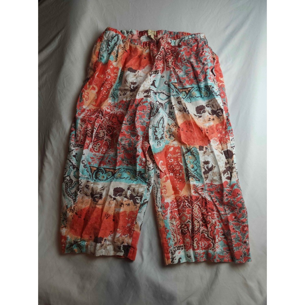 Choices Woman 100% Linen Patchwork Paisley Wide Leg Cropped Pants Orange Teal 2X